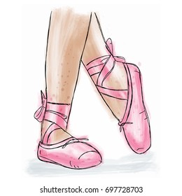 Pink ballerina shoes. Ballet pointe shoes with ribbon. Hand drawn art work isolated on white background.