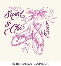 Pink ballerina shoes Sketchy style with bow graphic tee t shirt or sweatshirt design, woman Cute t-shirt print, vintage poster design, girl fashion, girls print, girl prints t-shirt, young girl, style