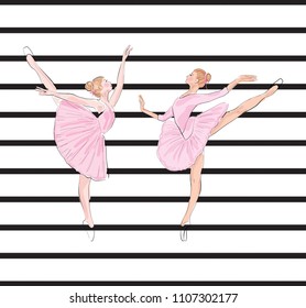 Pink ballet girl, two stripes background in white and black
