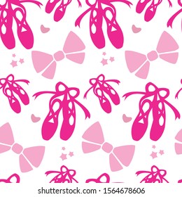 Pink ballet pointes and bow seamless  vector illustration isolated on white background. Ballet dance, dancing shoes or slipper. Ballet shoes vector pattern for packaging paper, fabric and other