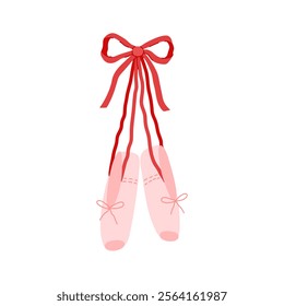 Pink ballet shoes clipart. Hanging pair of ballerina pointe shoes with red ribbon bow. Coquette ballet slippers for classic elegant dance. Hand drawn flat vector illustration