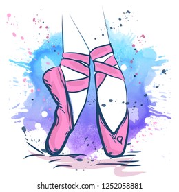 Pink ballet shoes illustration made in outline style on a watercolor background. T shirt design.