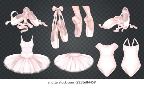 Zapatos de ballet rosa faldas de tubo y cuerpos realistas aislados en ilustración vectorial de fondo transparente