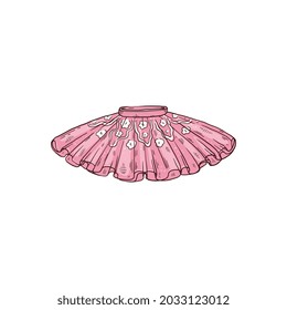 Pink ballet tutu skirt decorated with flowers embroidery, hand drawn sketch vector illustration isolated on white background. Ballerina scenic costume skirt.