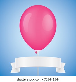 Pink ballon with white ribbon isolated on a blue background. Generic greeting card vector design.