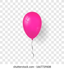 Pink balloon 3D, thread, isolated white transparent background. Color glossy flying baloon, ribbon for birthday celebrate, surprise. Helium ballon gift. Realistic design bday. Vector illustration