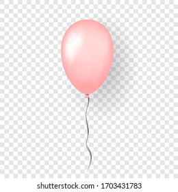 Pink balloon 3D, thread, isolated white transparent background. Color glossy flying baloon, ribbon, birthday celebrate, surprise. Helium ballon gift. Realistic design happy bday. Vector illustration