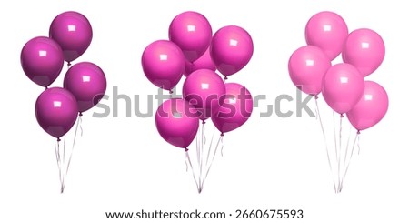 Pink balloon bday bunch, 3d birthday violet balls float ribbon. Purple minimal vector balons on thin string, happy anniversary party decor mockup. Air helium inflated bound event congratulation gift