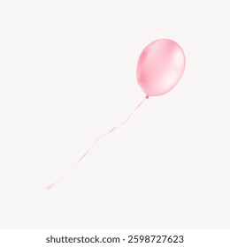 Pink balloon floating against a white background. The balloon is shiny and round. A long pink ribbon is attached to the pink balloon, creating a whimsical look. Minimal vector design.