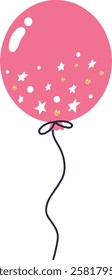 Pink balloon floating gracefully among white stars and shimmering gold glitter decorations, creating a delightful atmosphere for parties, birthdays, celebrations, or any festive event