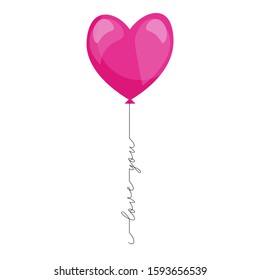 Pink balloon in the form of a heart. Thin elegant lettering instead of the thread "I love you." Valentine's day concept.