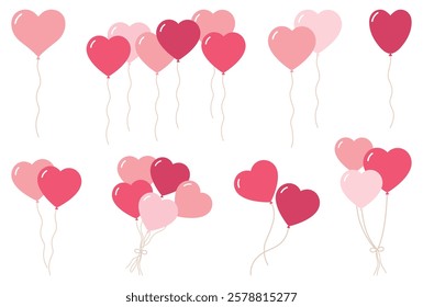 Pink balloon heart. Hearts of balloons in flat style. Bunch of balloons for love, birthday and party design. Balloons collection for Valentine day, Mother's day, Women's Day. Flying ballon with rope