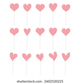 Pink balloon heart. Hearts of balloons in flat style. Bunch of balloons for love, birthday and party design. Balloons collection for Valentine day, Mother's day, Women's Day. Flying ballon with rope
