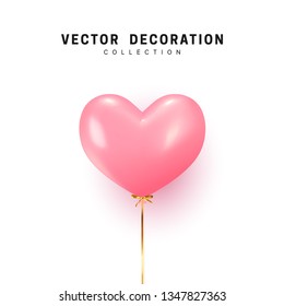 Pink Balloon heart shape isolated on white background. Holiday element design realistic baloon with gold ribbon and bow