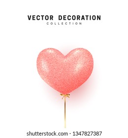 Pink Balloon heart shape isolated on white background. Holiday element design realistic baloon with gold ribbon and bow
