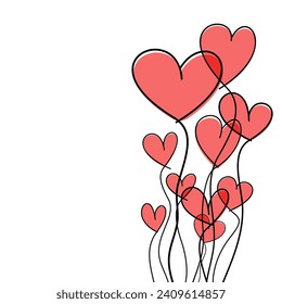 Pink balloon hearts, wavy line art drawing on white background. Happy Valentine's day card or banner or letter template. Vector illustration