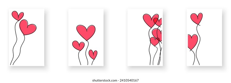 Pink balloon hearts, wavy line art drawing on white background. Happy Valentine's day card or banner or letter template. Vector illustration