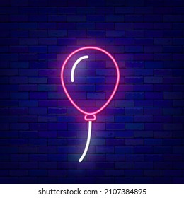 Pink balloon neon icon. Party decoration. Outer glowing effect banner. Happy Birthday design on brick wall. Shiny label. Editable stroke. Vector stock illustration