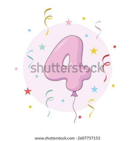 Pink balloon number with confetti. Four years old birthday party vector illustration.
