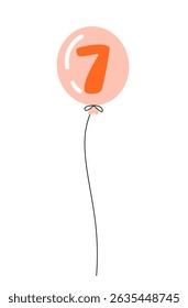 Pink balloon with number seven and string. Flat vector illustration on white background. Birthday celebration and party decoration