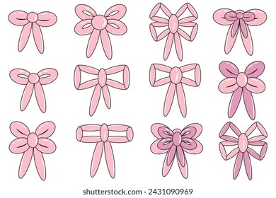 Pink Balloon Present Bow with Ribbon set. Pink air Balloon Gift Bow isolated white background. Collection Birthday Ribbon in trendy retro flat style. Vector illustration EPS 10 Editable stroke.