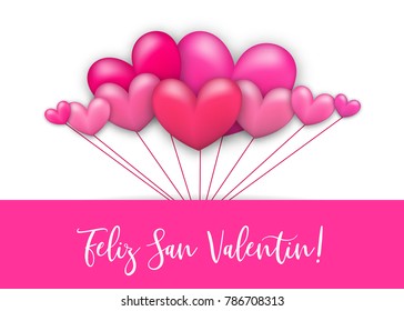 Pink balloon realistic 3d heart romantic isolated white vector illustration background. St. Valentine greeting card. Handwritten lettering. Happy Valentines Day - Feliz San Valentin Spanish language. 