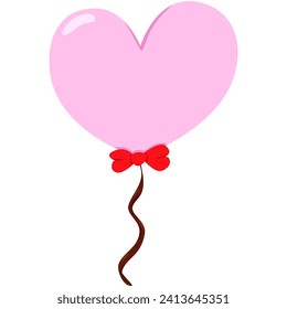 pink balloon with red bow, flat design, valentines day illustration decoration, heart shapes