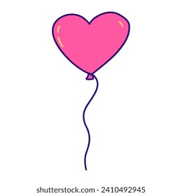 Globo rosa en forma de corazón. Feliz Día de San Valentín. Declaración de amor y sentimientos, 14 de febrero. En el fondo blanco aislado de la mano del doodle vector dibujado. Icono o tarjeta, regalo