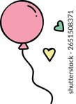 Pink balloon with string and two floating hearts—one green and one yellow—against a light backdrop; whimsical cartoon design representing joy, celebration, or affectionate moments.