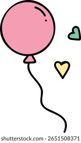 Balão rosa com corda e dois corações flutuantes - um verde e um amarelo - contra um pano de fundo claro; desenho animado representando alegria, celebração ou momentos afetuosos.