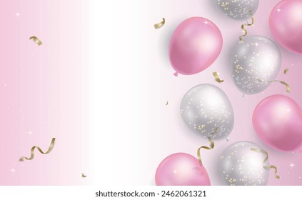 Pink balloon vector background design. Decorative elements with balloons and confetti for feminine holiday or sales design.