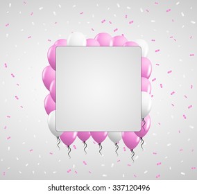 pink balloons and color confetti with blank square paper in center