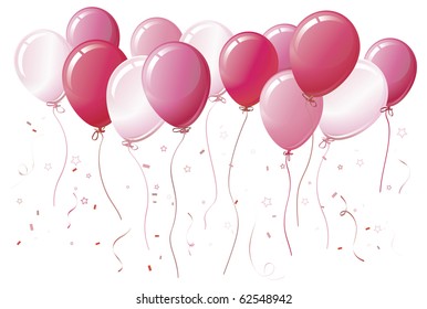 Pink balloons floating together with color-coordinated ribbons