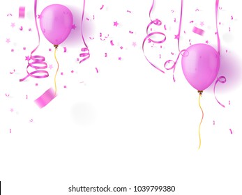 Pink balloons floating together with pink ribbons and confetti
