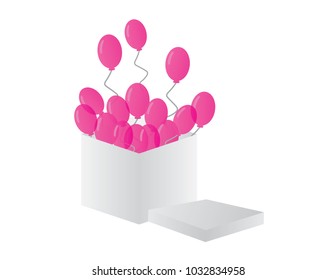 Pink balloons flying from a white box