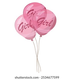 Pink balloons for Gender reveal party, event decoration, greetings, anvitations, baby shower, holiday, birthday. Helium ballon gift. Cartoon stile. Vector illustration.