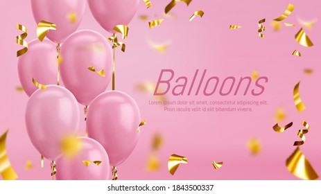 pink balloons and gold confetti. Vector glossy realistic balloons on pink background for holiday celebration greeting card