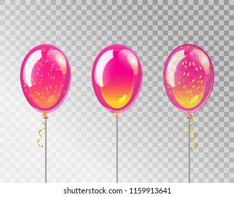 Pink Balloons. Isolated ballons with golden confetti on transparent background.