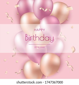 Pink balloons on white background. Happy Birthday greeting or invitation card with balloons, flags and foil confetti.