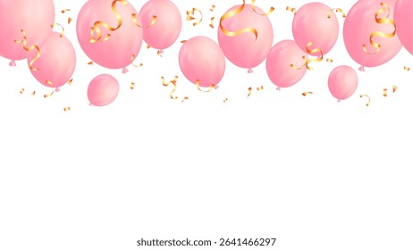Pink balloons, ribbons and confetti vector illustration banner seamless horizontal. background