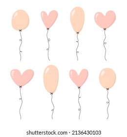 Pink balloons set. Different shape balloons with ribbon. Heart, round, oval shapes.  Hand drawn party decoration. Flat vector elements