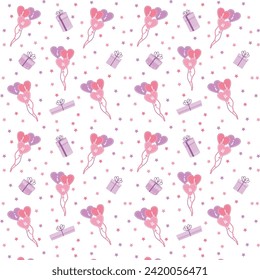 Pink balloons with stars and gift boxes seamless pattern vector illustration
