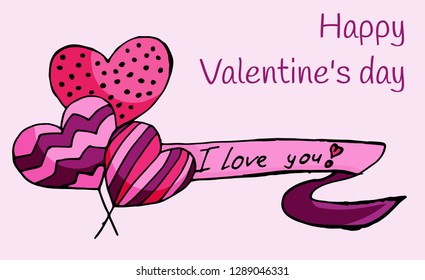 Pink balloons for Valentine's day painted with a pen. Nice card for Valentine's day. Declaration of love. Holiday illustration