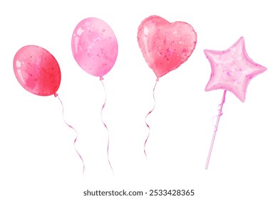 Globos rosados. Conjunto de Vector de ilustraciones de acuarela para diseño de vacaciones