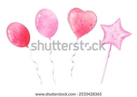 Pink balloons.Vector set of watercolor illustrations for holiday design