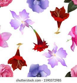 Pink Balsam. Pink Magnolia. Violet Anemone. Purple Orchid. Purple Amaryllis. Red Hibiscus. Vector illustration. Seamless background pattern. Floral botanical flower. Wild leaf wildflower isolated.