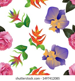 Pink Balsam. Orange Heliconia. Green bird of paradise. Purple Orchid. Vector illustration. Seamless background pattern. Floral botanical flower. Wild leaf wildflower isolated. Exotic tropical.