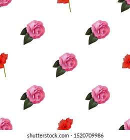 Pink Balsam. Red Amaryllis. Vector illustration. Seamless background pattern. Floral botanical flower. Wild leaf wildflower isolated. Exotic tropical hawaiian jungle. Fabric wallpaper print texture.