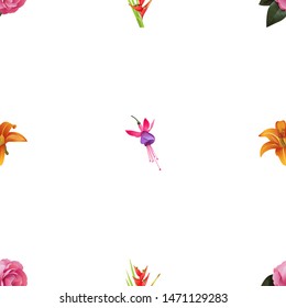 Pink Balsam. Red Heliconia Bihai. Orange Daylily. Pink and Purple Fuchsia Bella. Vector illustration. Seamless background pattern. Floral botanical flower. Wild leaf wildflower isolated. Exotic.
