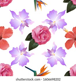 Pink Balsam. Red Hibiscus. Orange Strelitzia Reginae. Purple Orchid. Vector illustration. Seamless background pattern. Floral botanical flower. Wild leaf wildflower isolated. Exotic tropical.